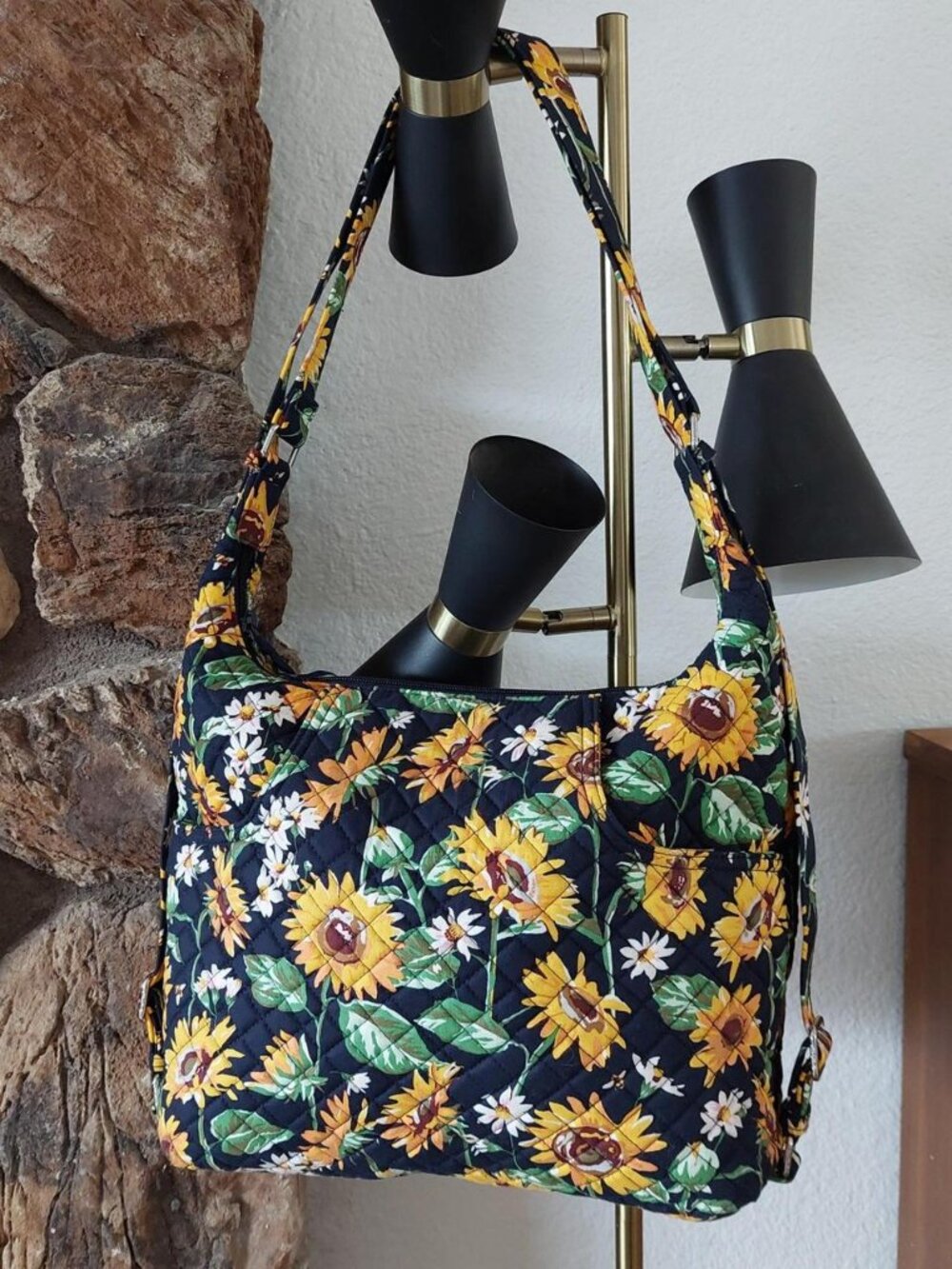 RARE Vera Bradley quilted bag features a "Sunflower Sky" floral print on a black